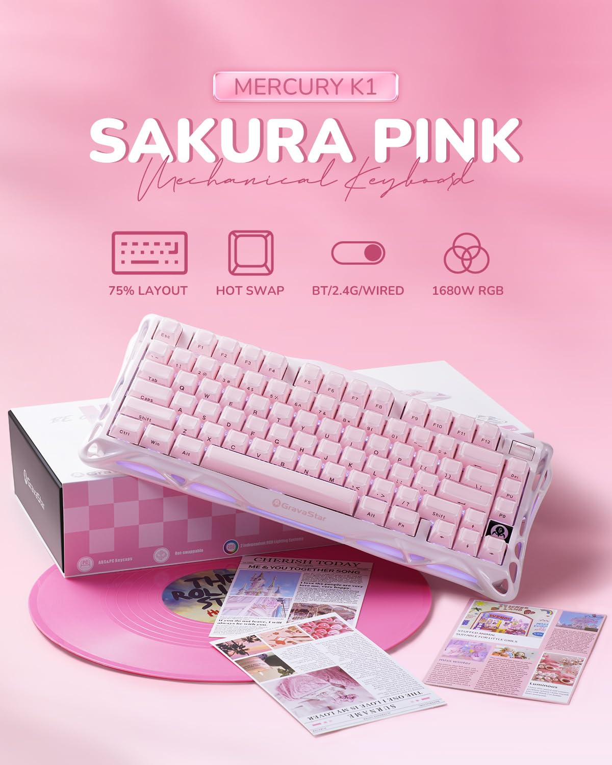GravaStar Mercury K1 75% Wireless Mechanical Gaming Keyboard RGB Backlit