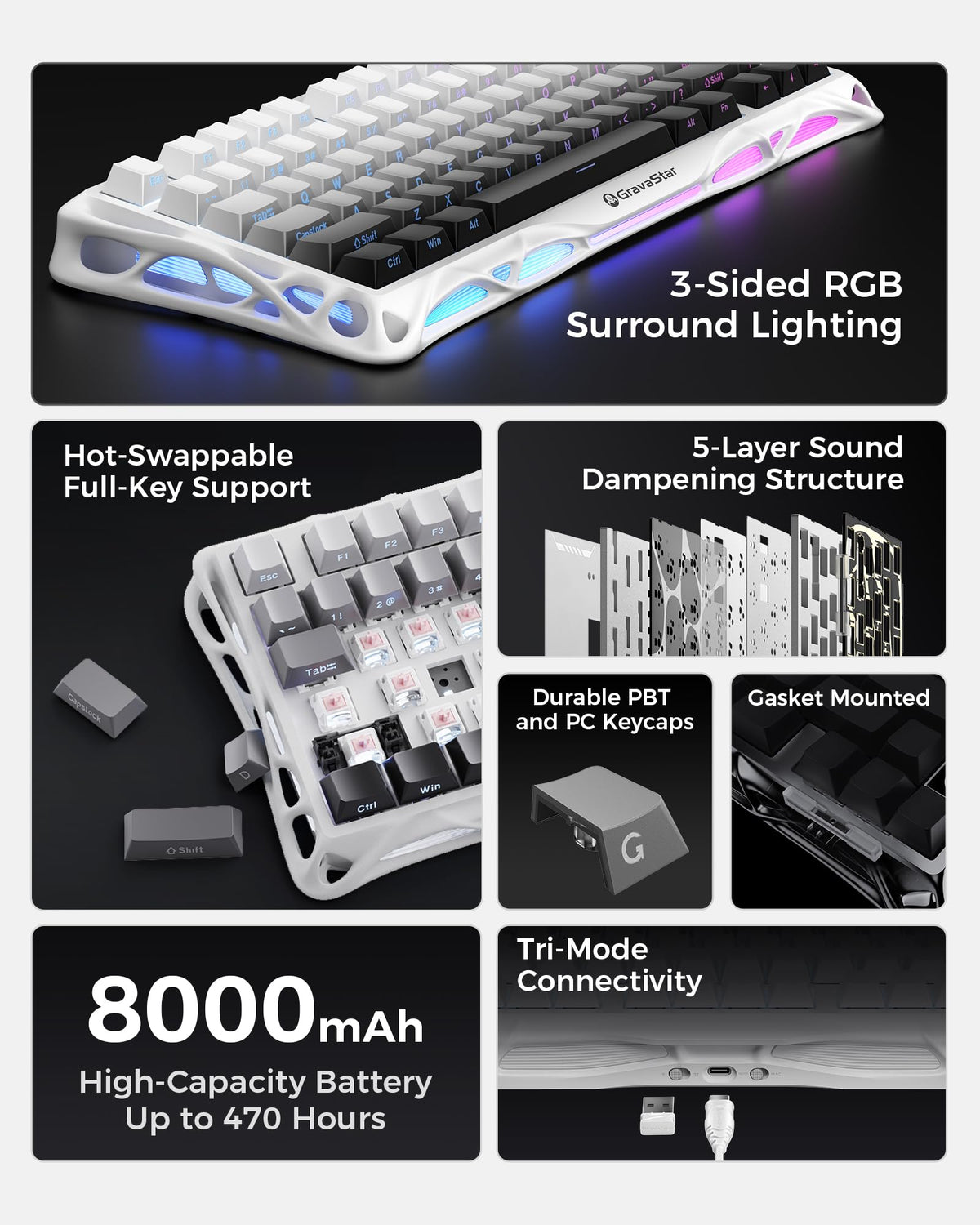 GravaStar Mercury K1 75% Wireless Mechanical Gaming Keyboard RGB Backlit