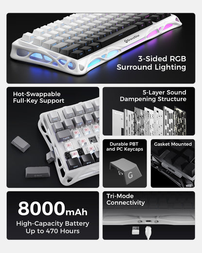 GravaStar Mercury K1 75% Wireless Mechanical Gaming Keyboard RGB Backlit