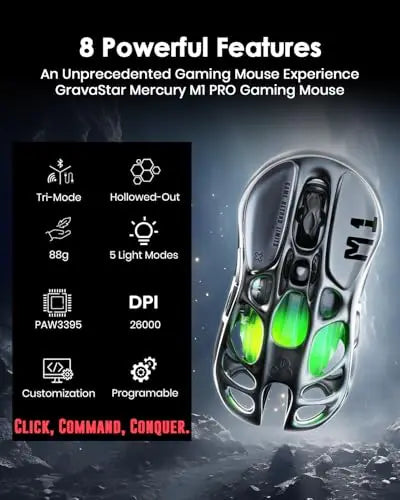 Gravastar Mercury M1 Pro Wireless Gaming Mouse, 26,000 DPI PAW3395DM Sensor, Magnesium Alloy, 5 Programmable Buttons RGB